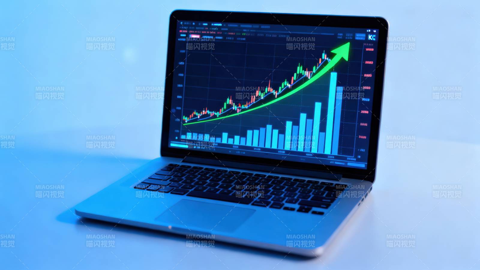笔记本电脑显示股票上涨图表图片