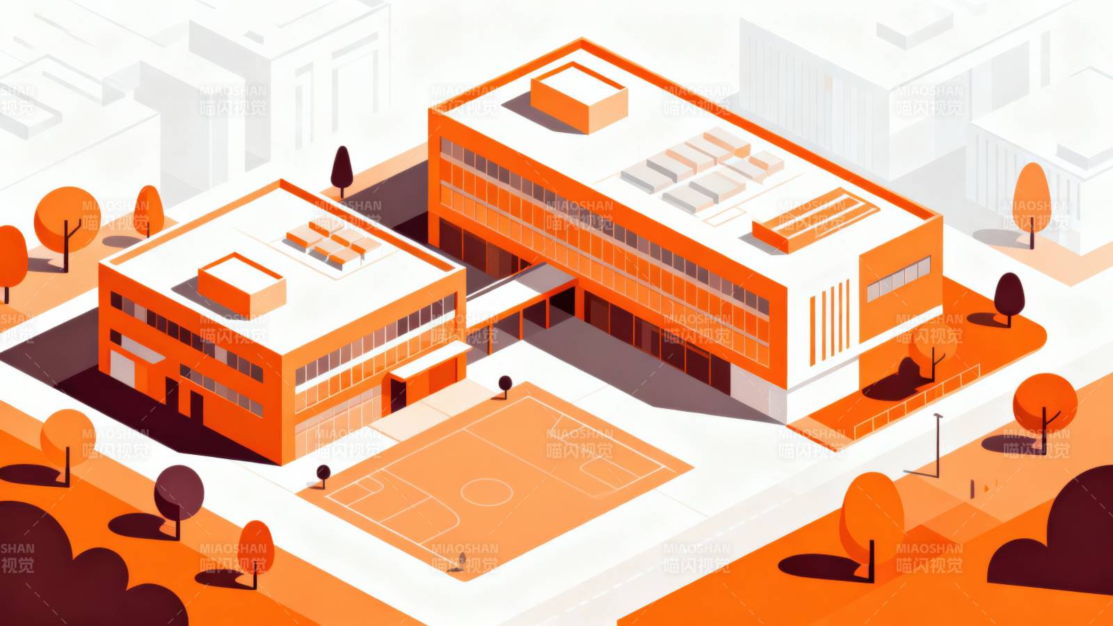 橙色校园建筑俯视图图片