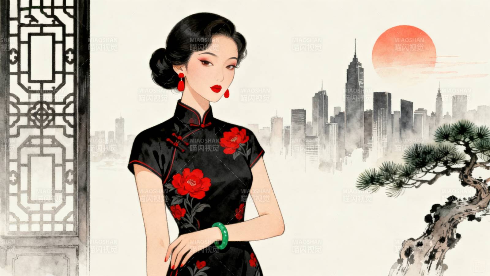 旗袍女子与城市夕阳图片