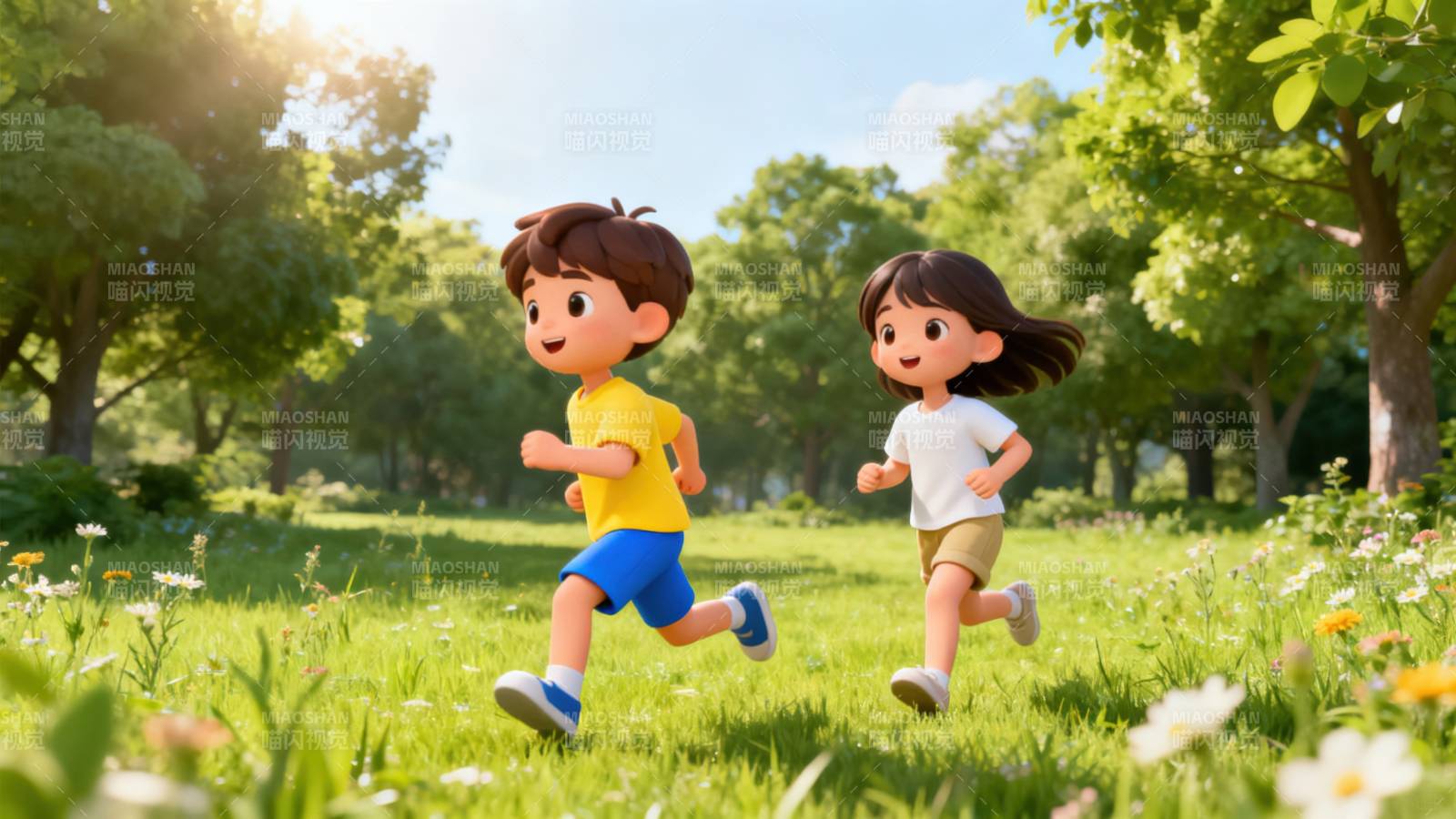 阳光下奔跑的两个孩子图片