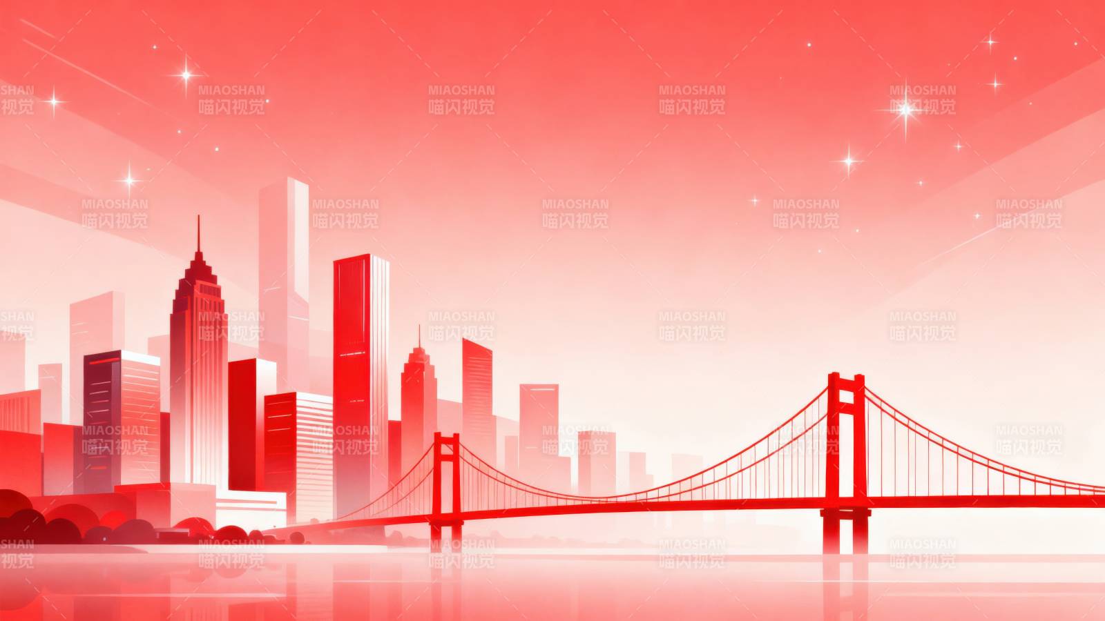 红色城市天际线与大桥图片