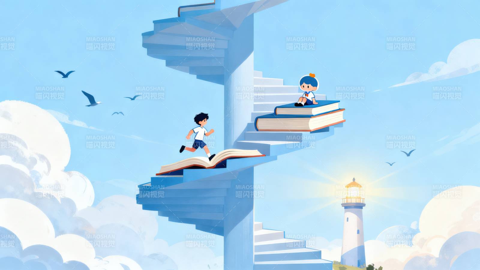 知识阶梯与灯塔梦想图片