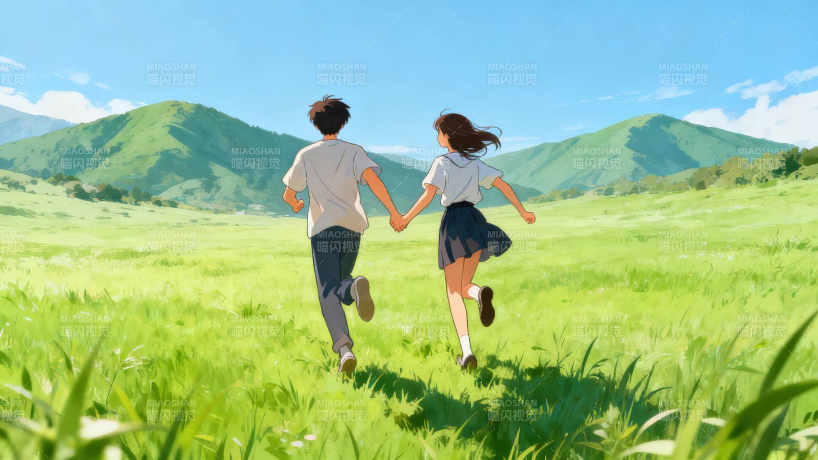 奔跑在绿色草地的少年图片