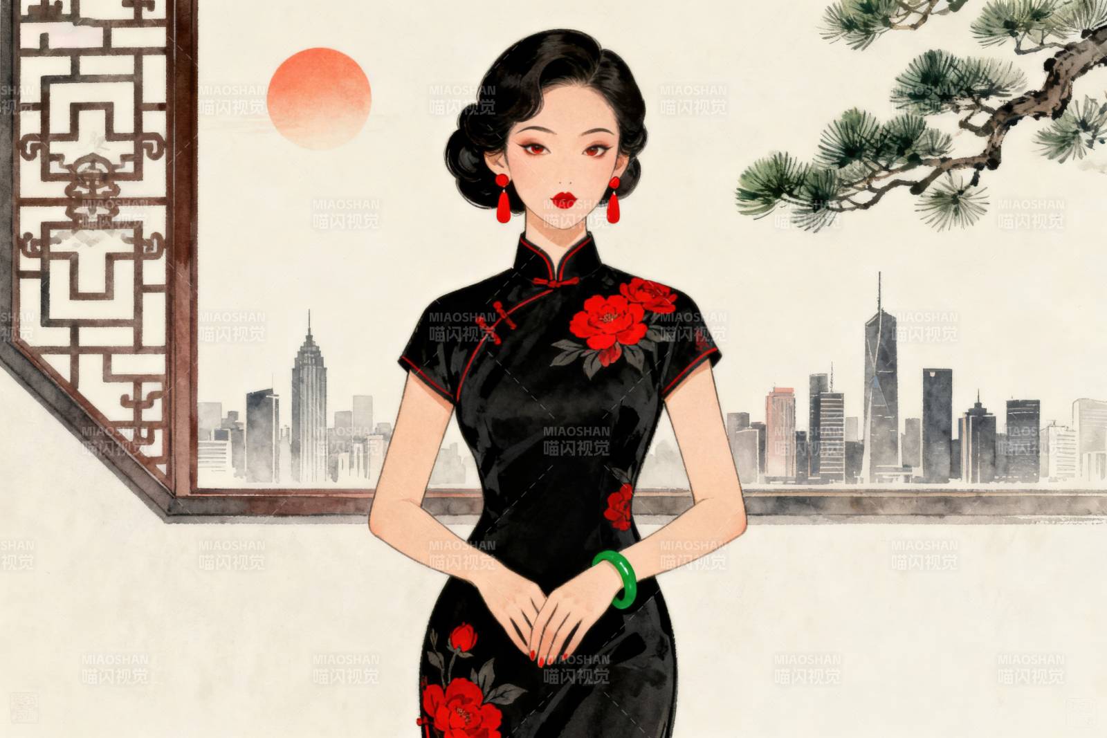 旗袍女子与城市背景图片