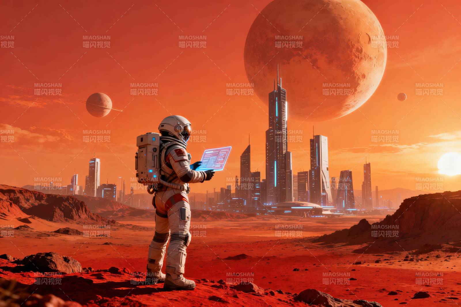 宇航员探索未来火星城市图片