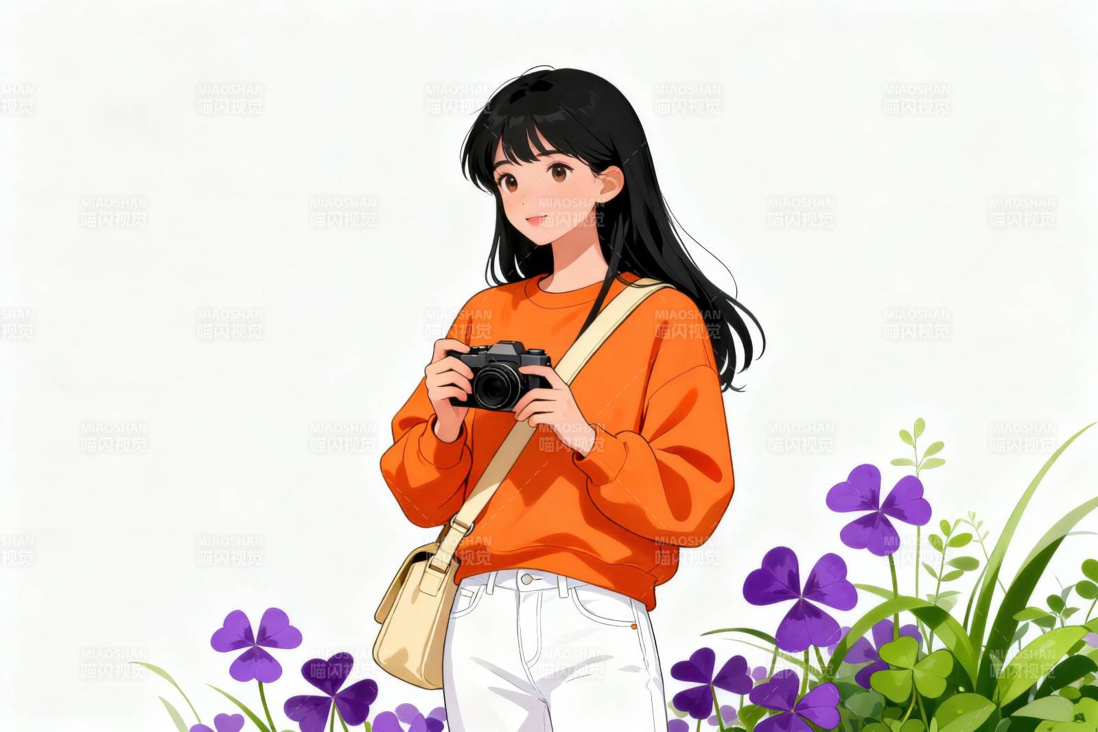 女孩手持相机拍照图片