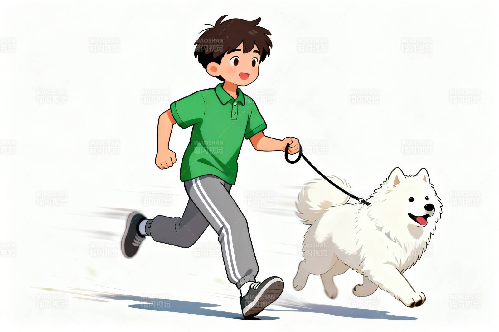 男孩跑步遛狗欢乐时光图片