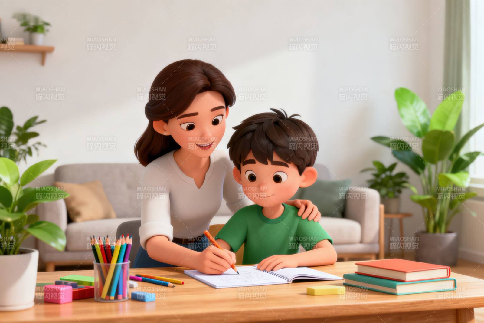 母亲辅导孩子写作业图片