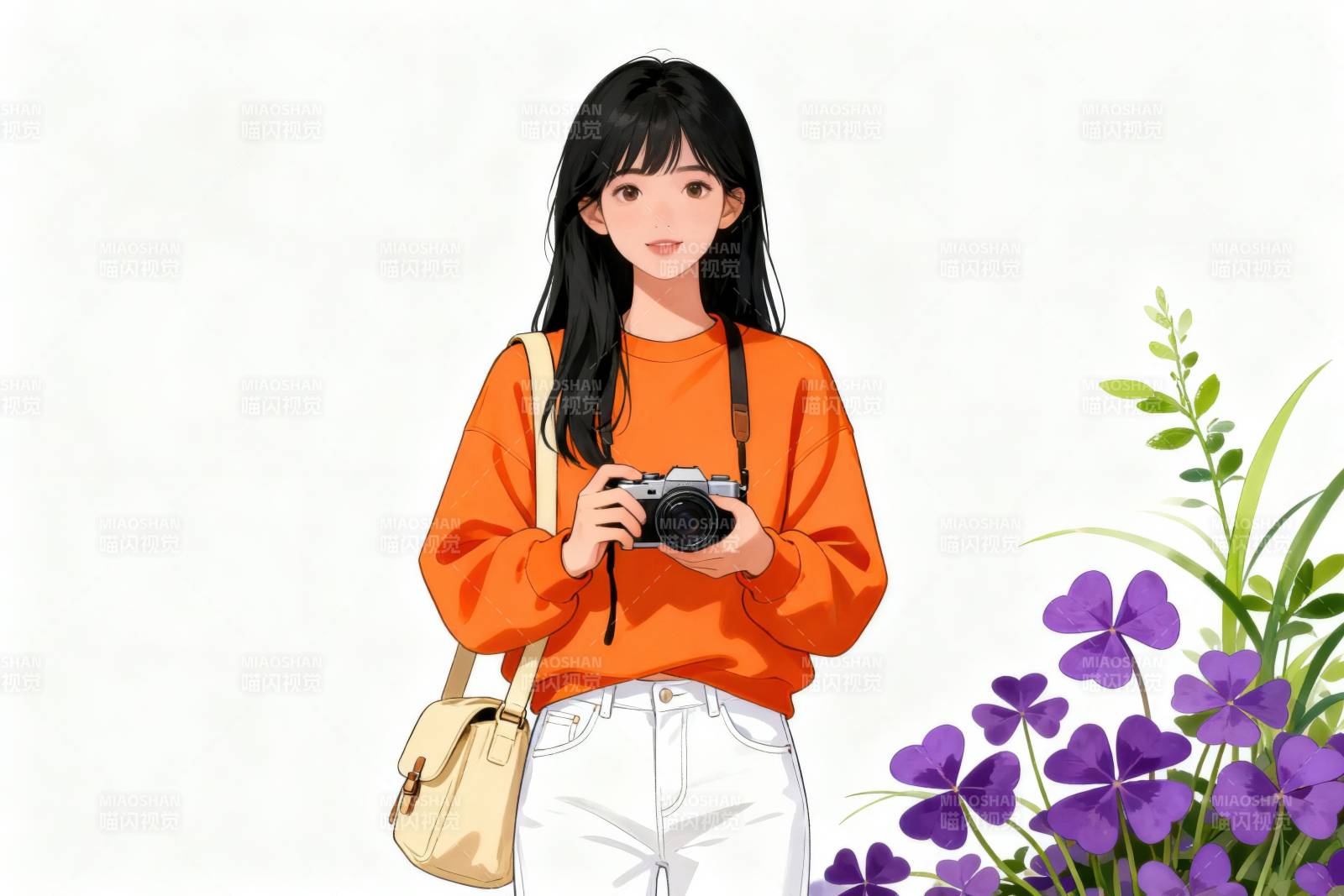 女孩手持相机拍照图片