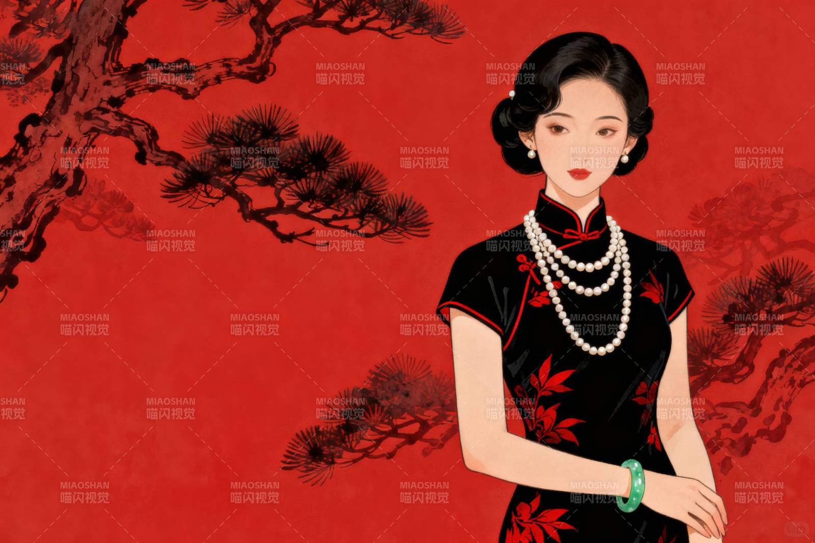 旗袍女子与松树背景图片