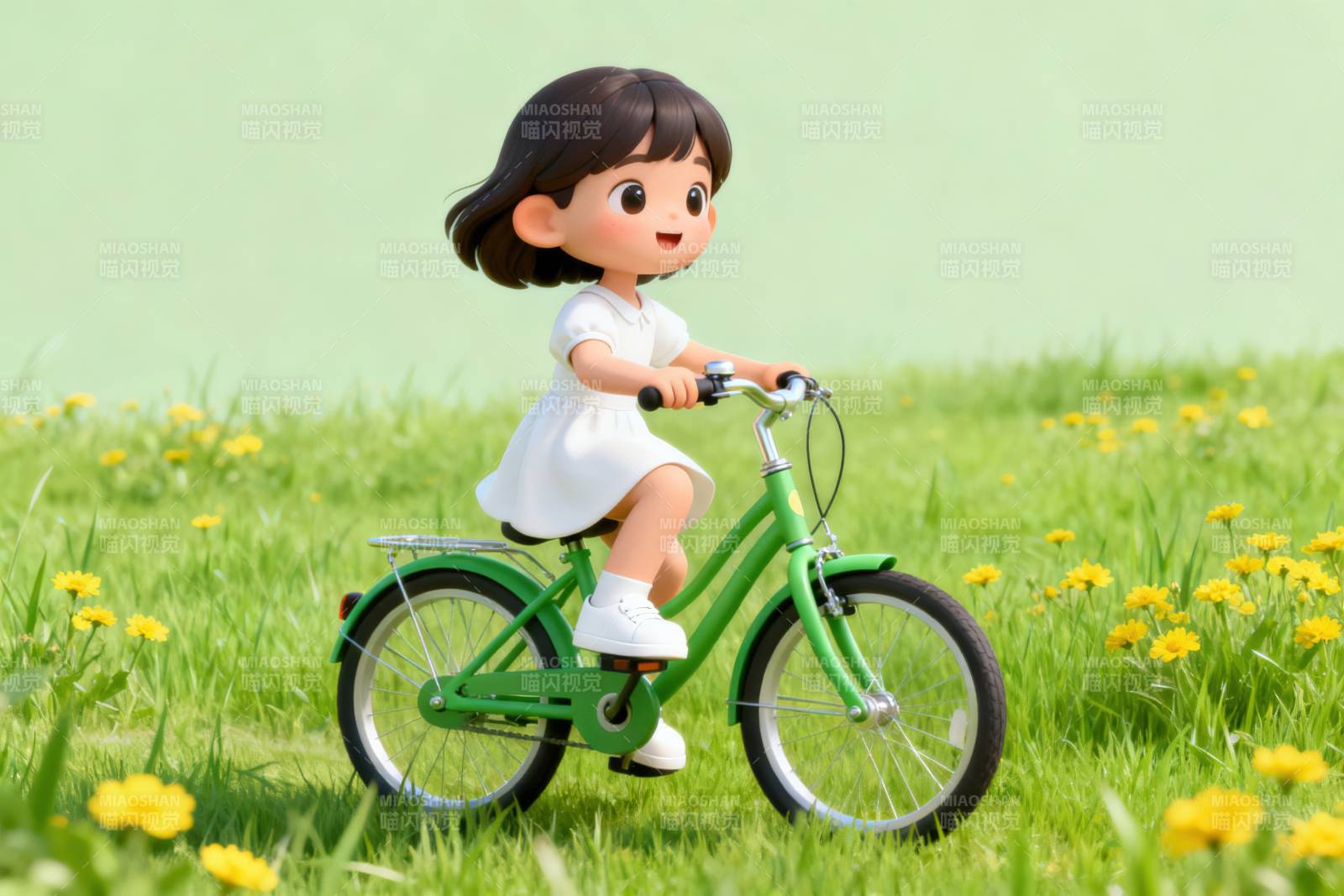 小女孩骑自行车草地图片