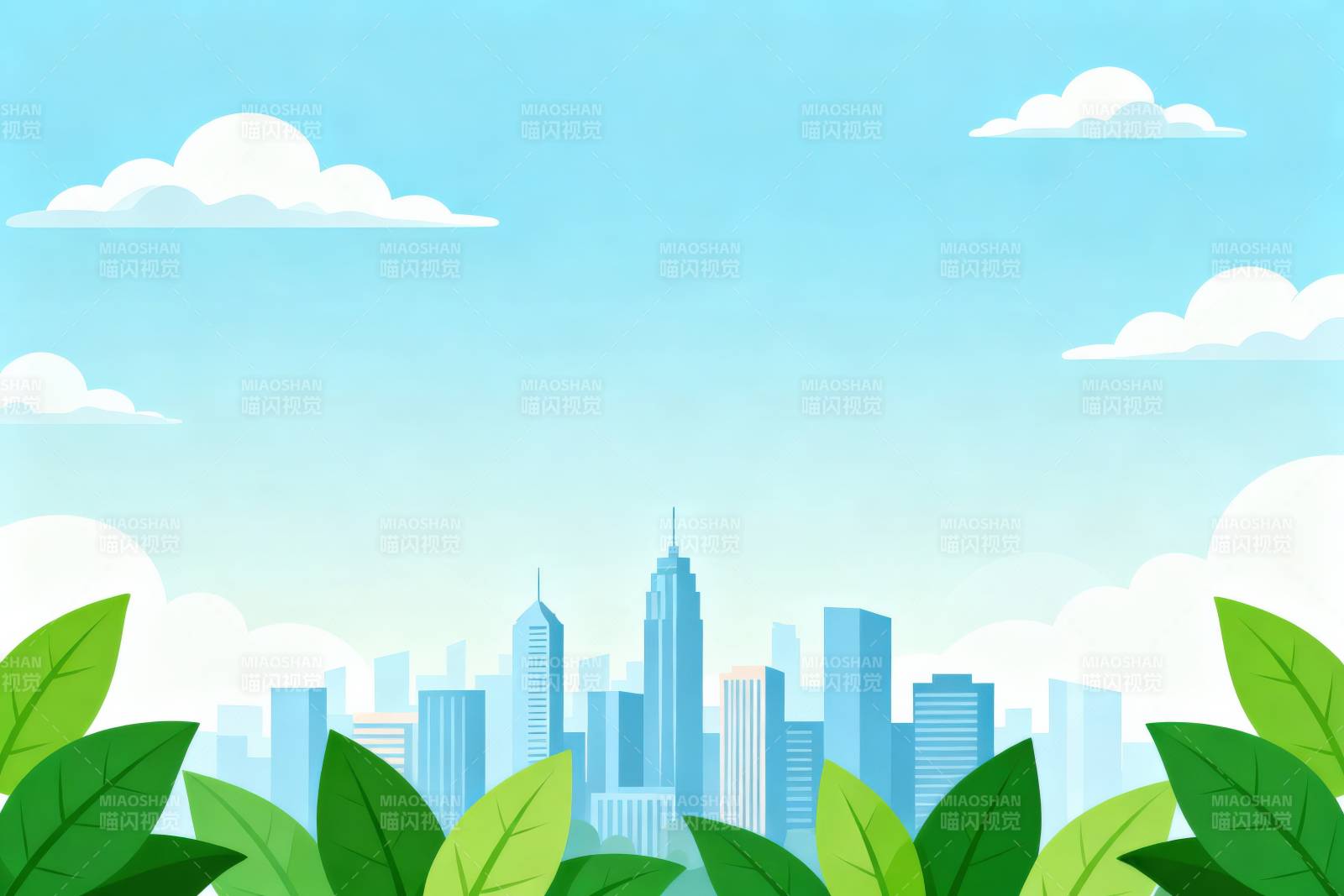 城市天际线与绿叶背景图片