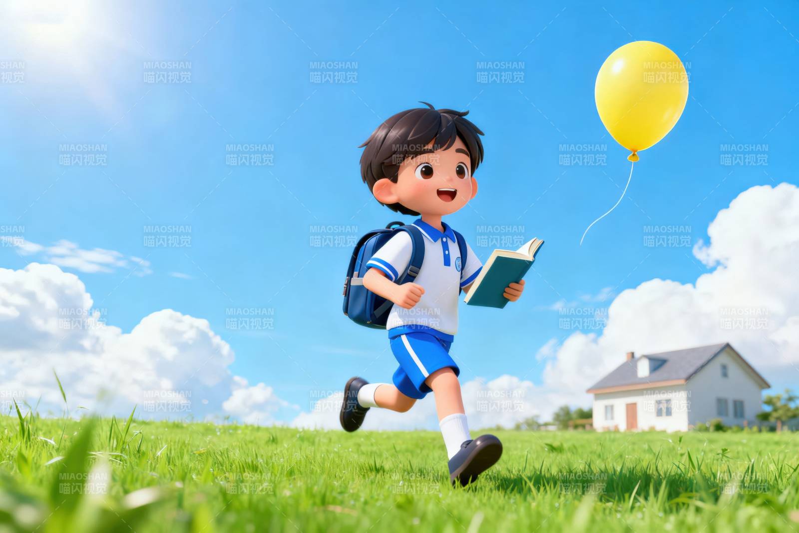 男孩奔跑看书气球蓝天图片