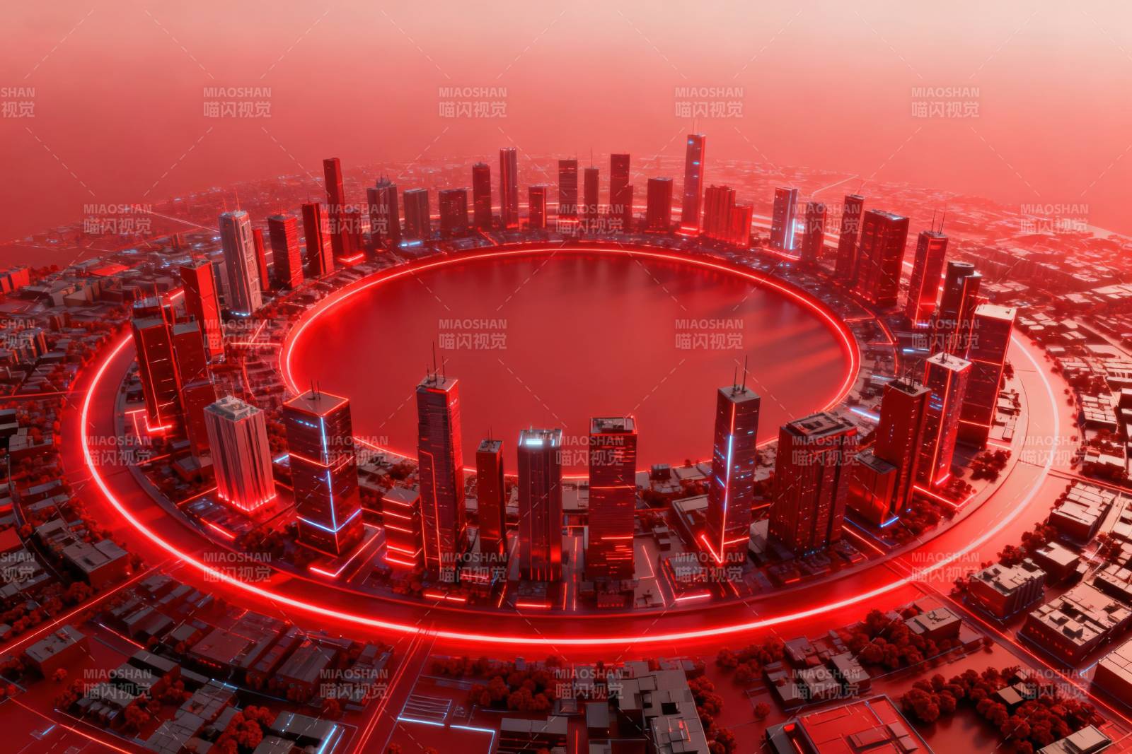 红色未来城市环形建筑图片