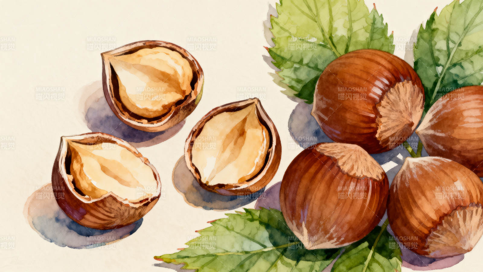 水彩绘榛子与绿叶图片