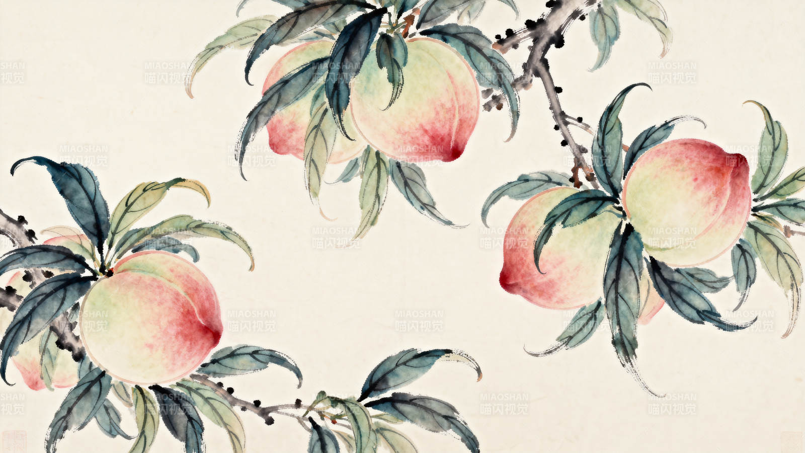 水墨画桃子枝头图片