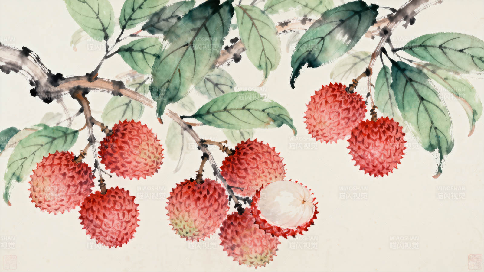 水墨画荔枝果实特写图片