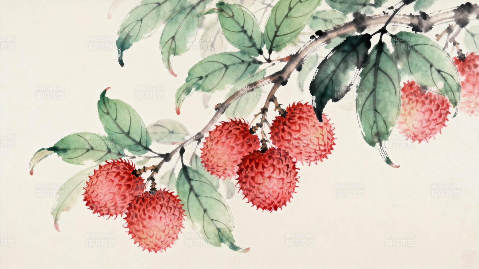 水墨画荔枝果实枝头图片