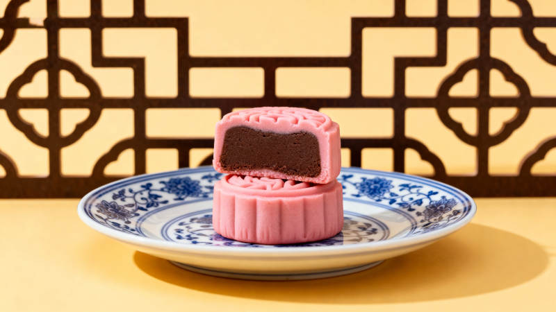 粉色月饼巧克力馅特写图片