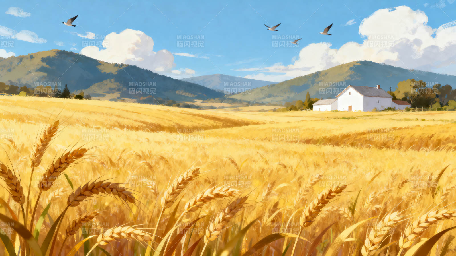 金黄麦田与远山农舍图片