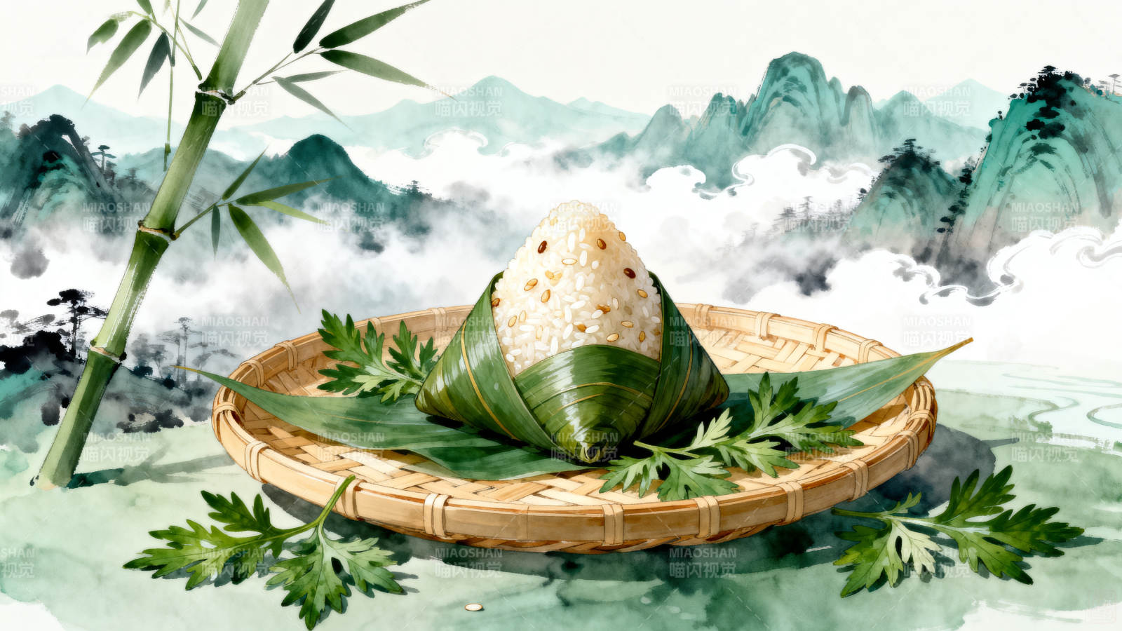端午节粽子与山水背景图片
