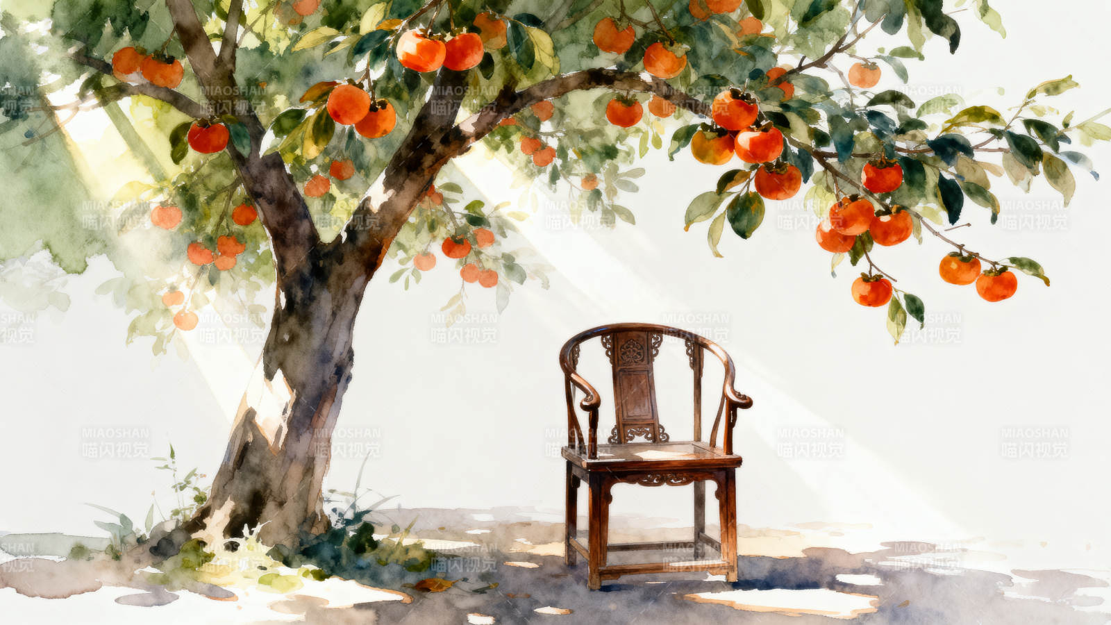 柿子树下的木椅图片
