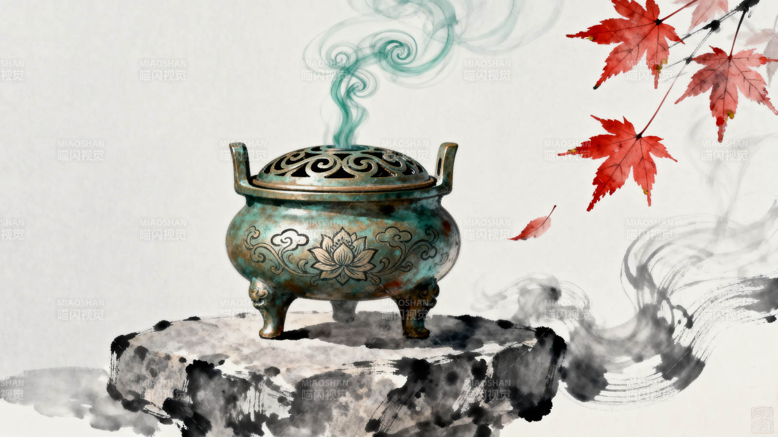 古风香炉与红叶意境图片