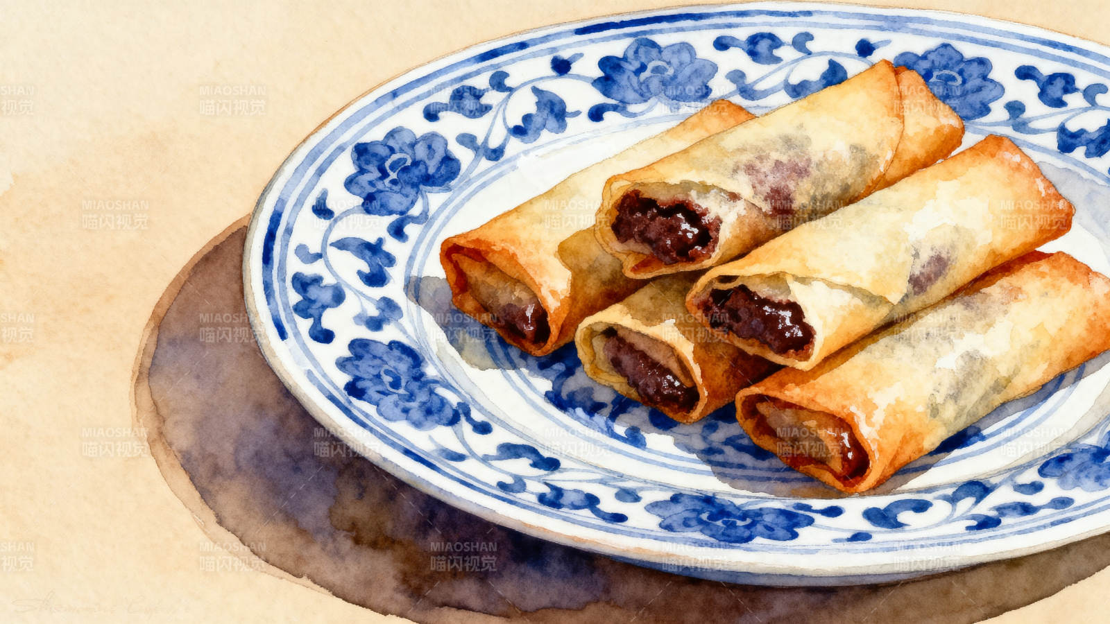 巧克力春卷蓝花盘图片