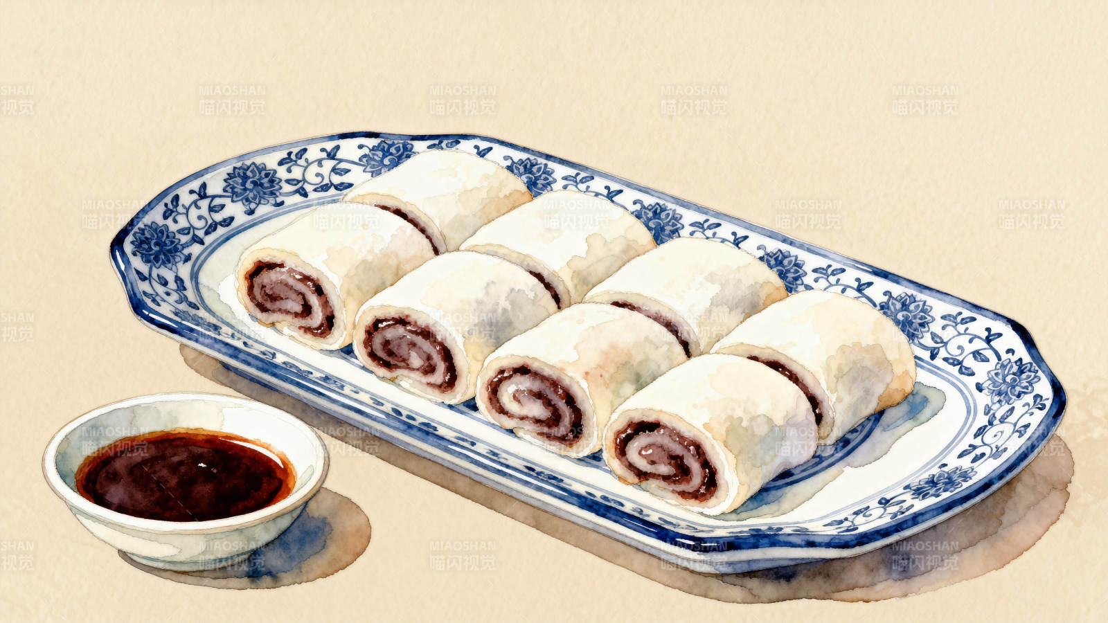 传统豆沙春卷配蘸酱图片
