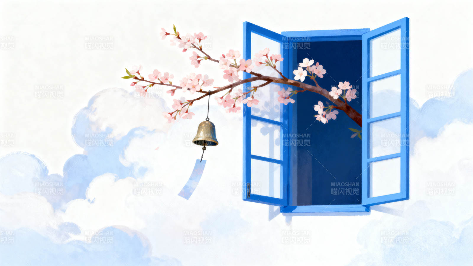 窗外樱花与风铃图片