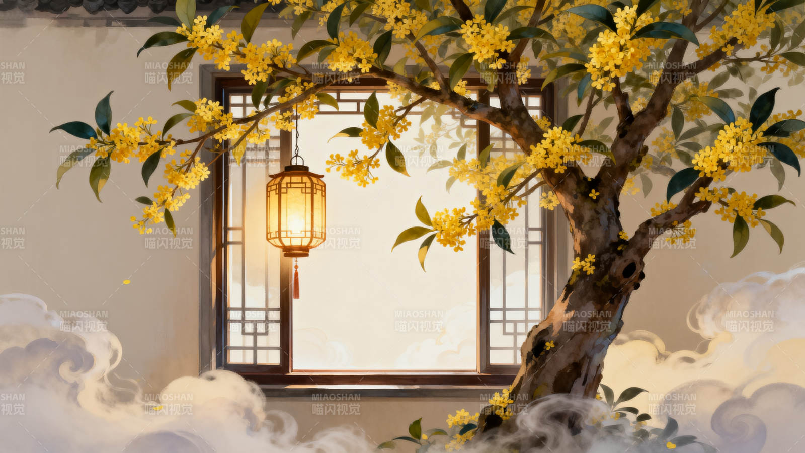 桂花树下古风窗景图片