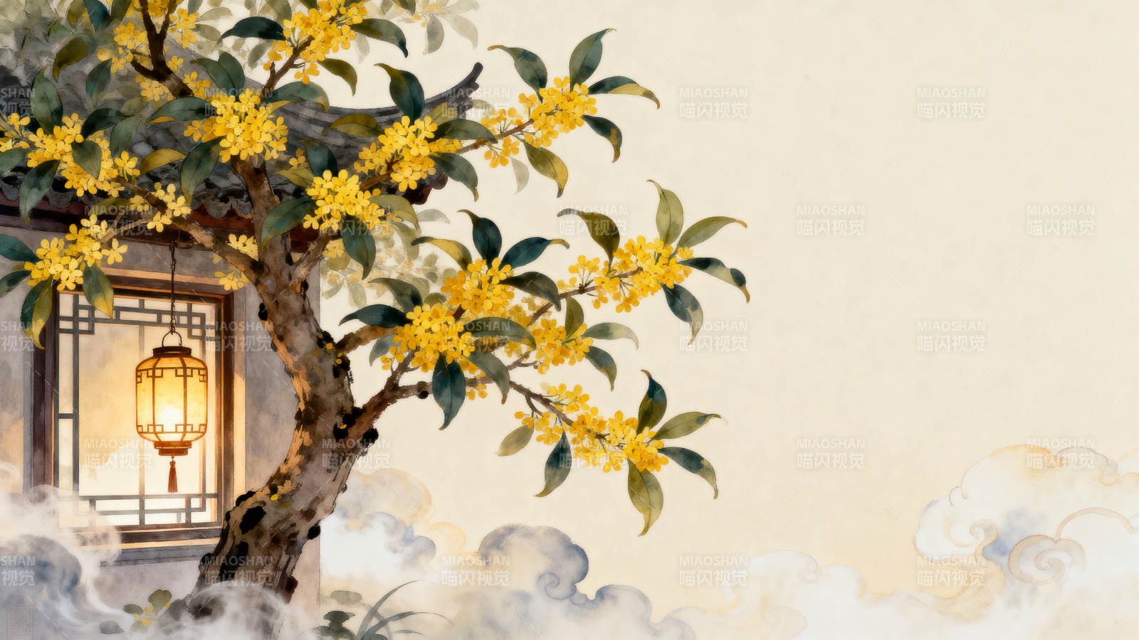 桂花树下古窗灯笼图片