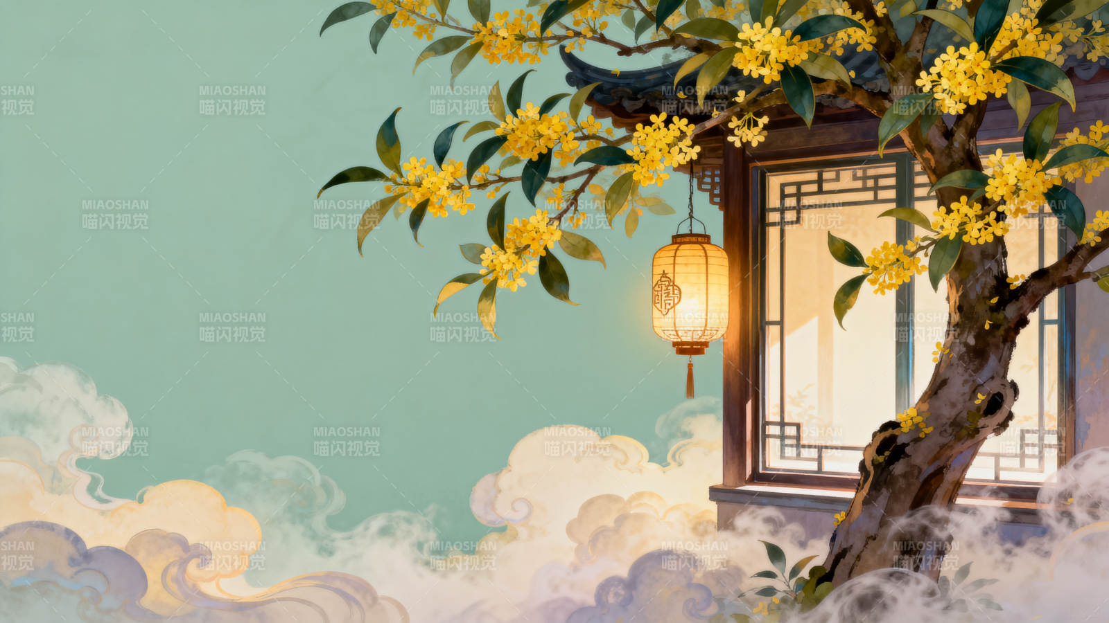 桂花树下古窗灯笼图片