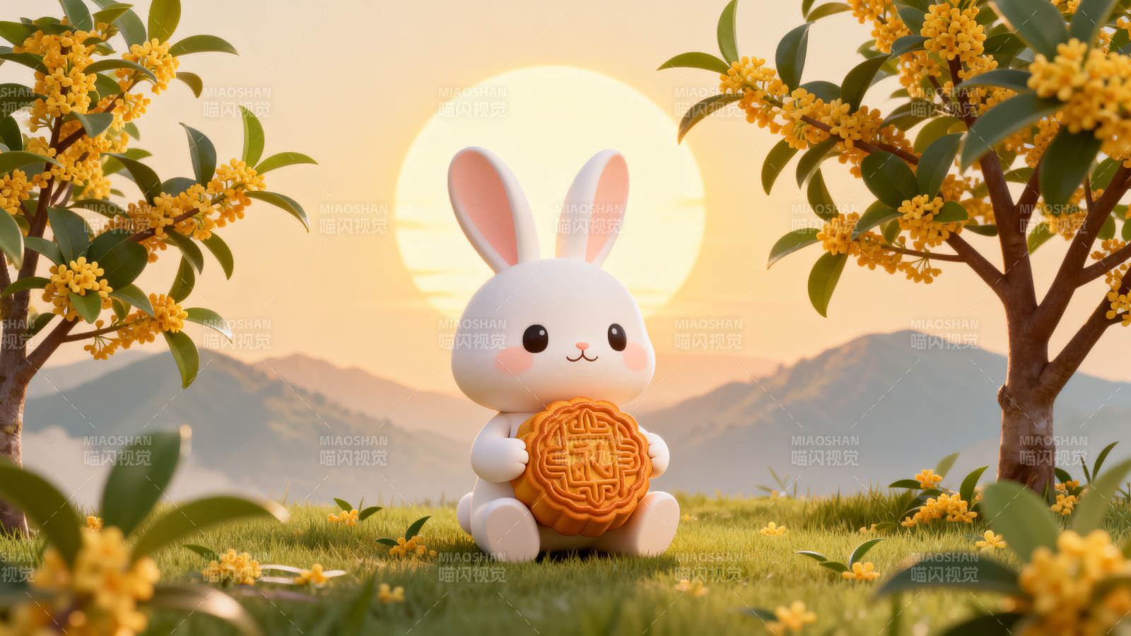 中秋玉兔抱月饼桂花图片