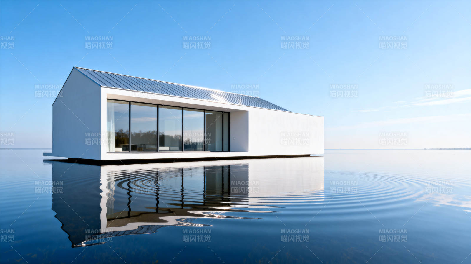 极简水上建筑倒影图片