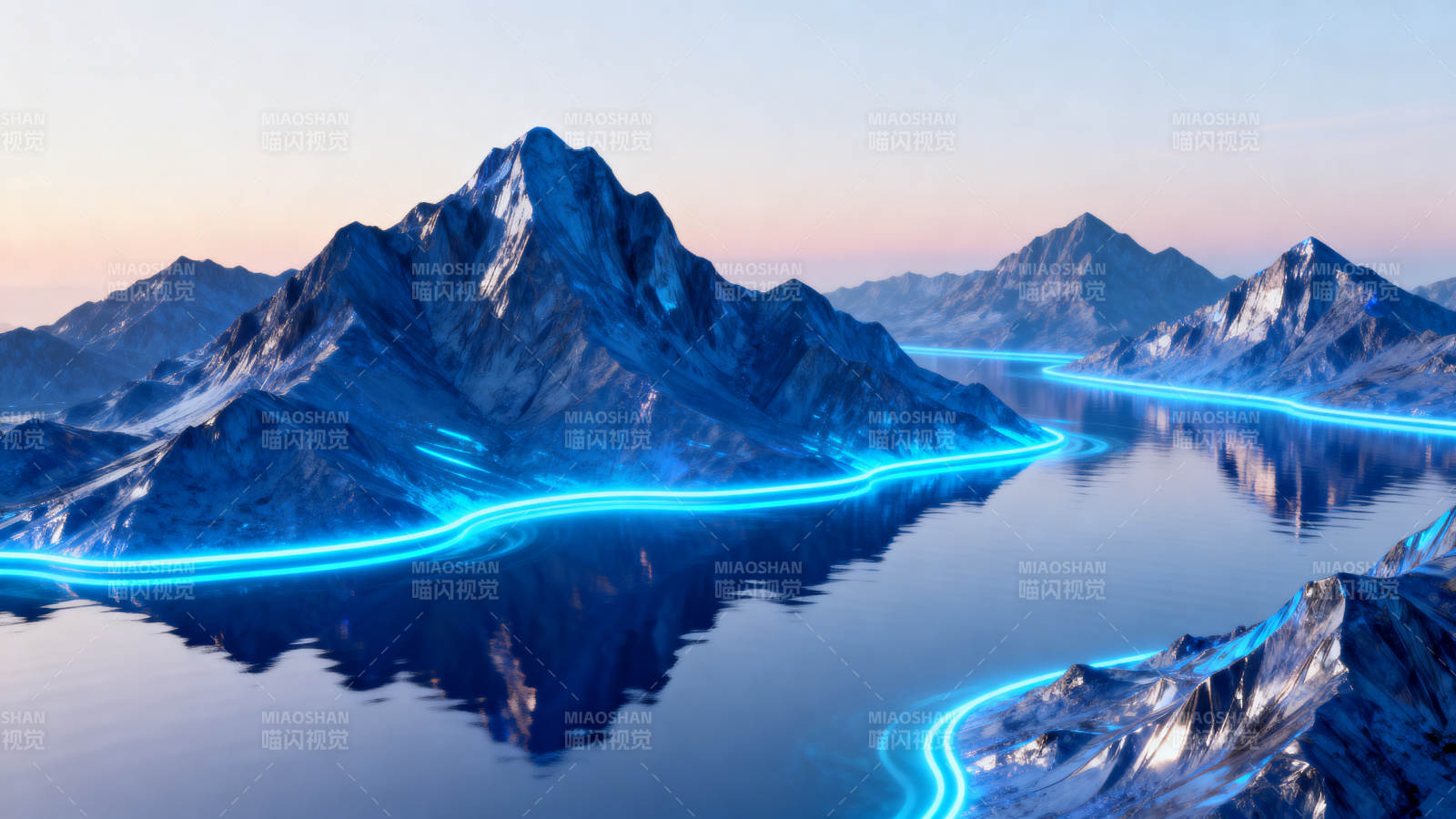 雪山蓝光河流数字风景图片