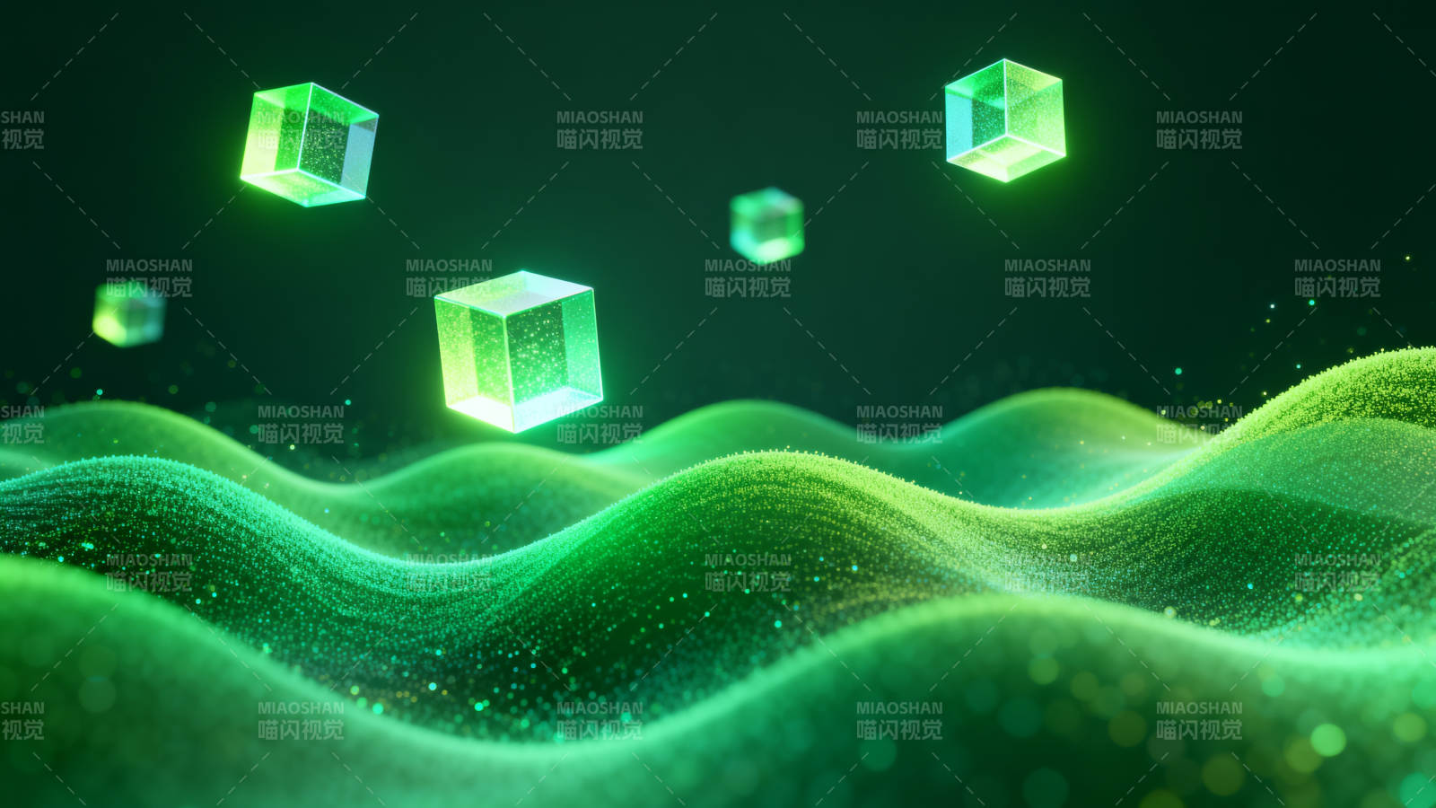绿色波浪与发光立方体图片