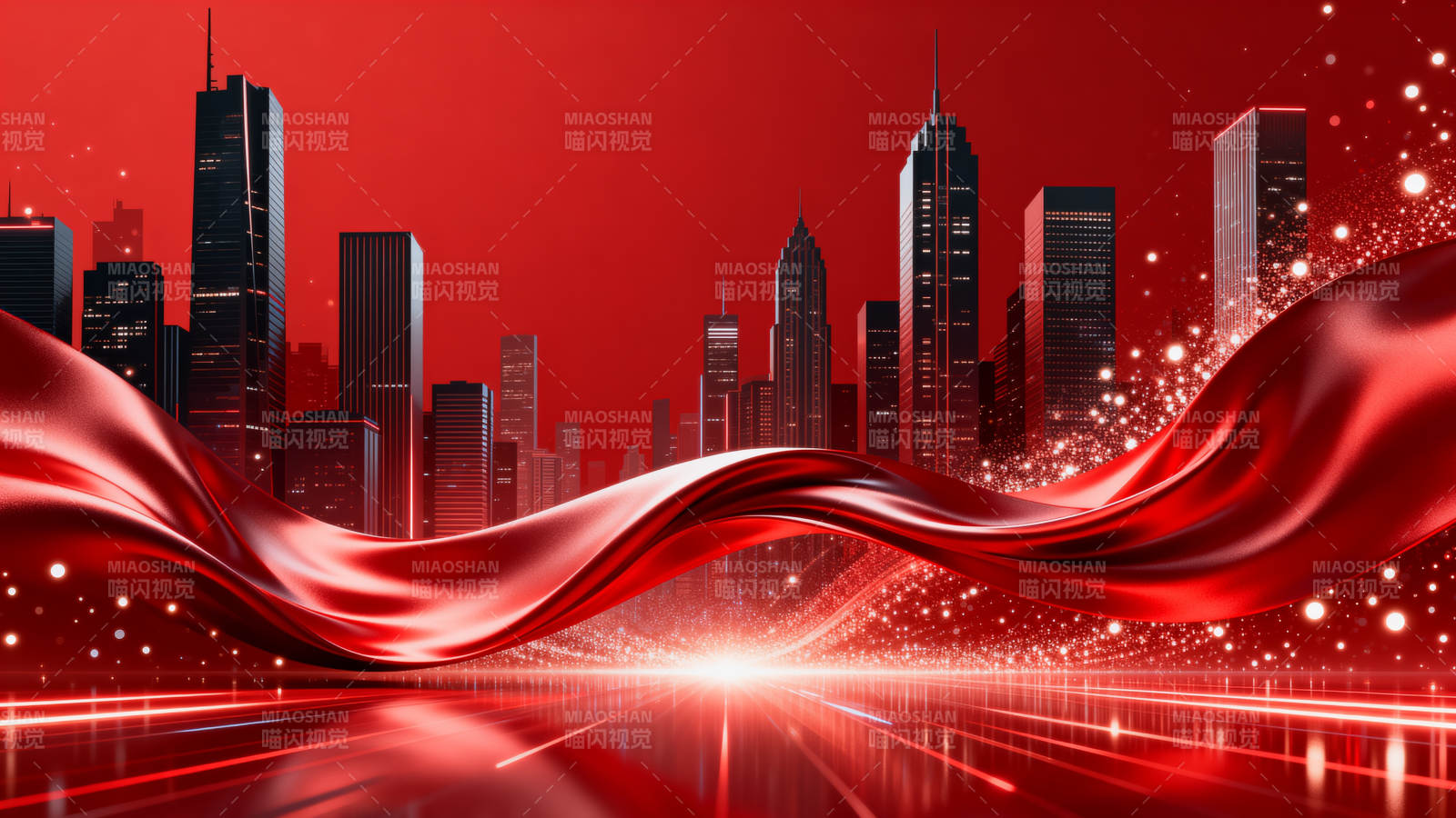 红色城市背景绸带飞舞图片