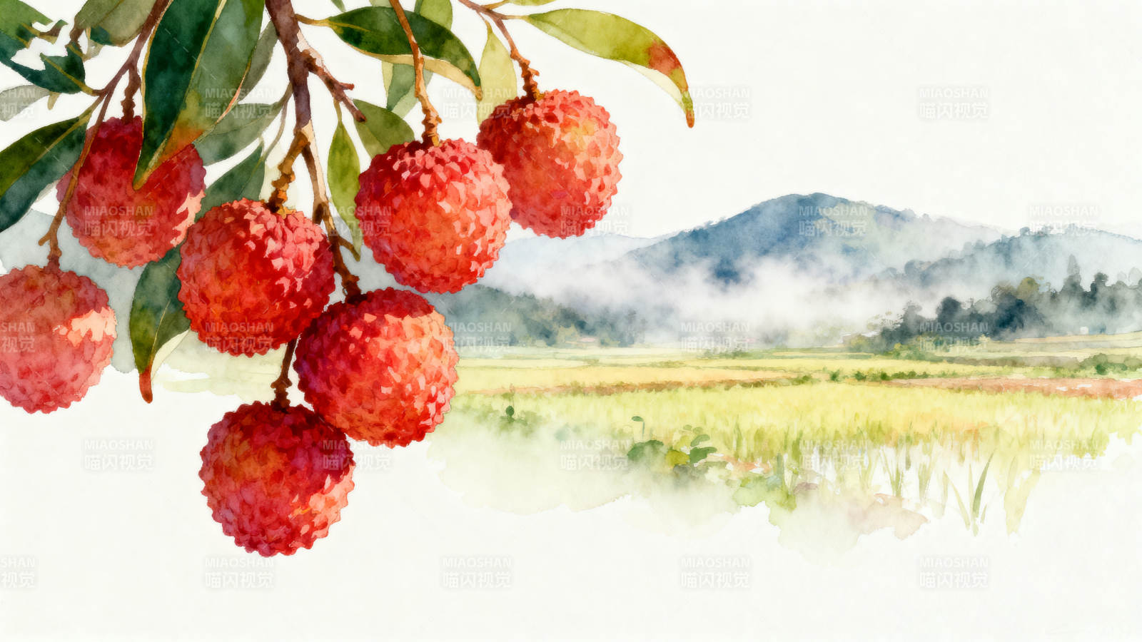 水彩荔枝田园风光图片