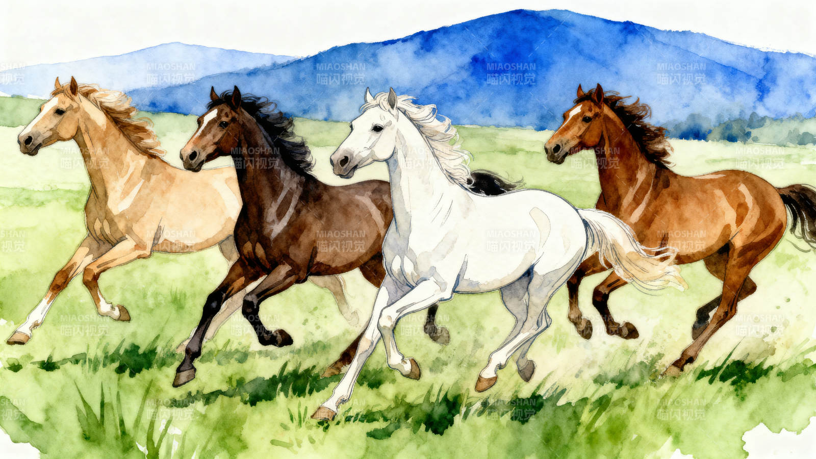 四匹马在草原上奔跑图片