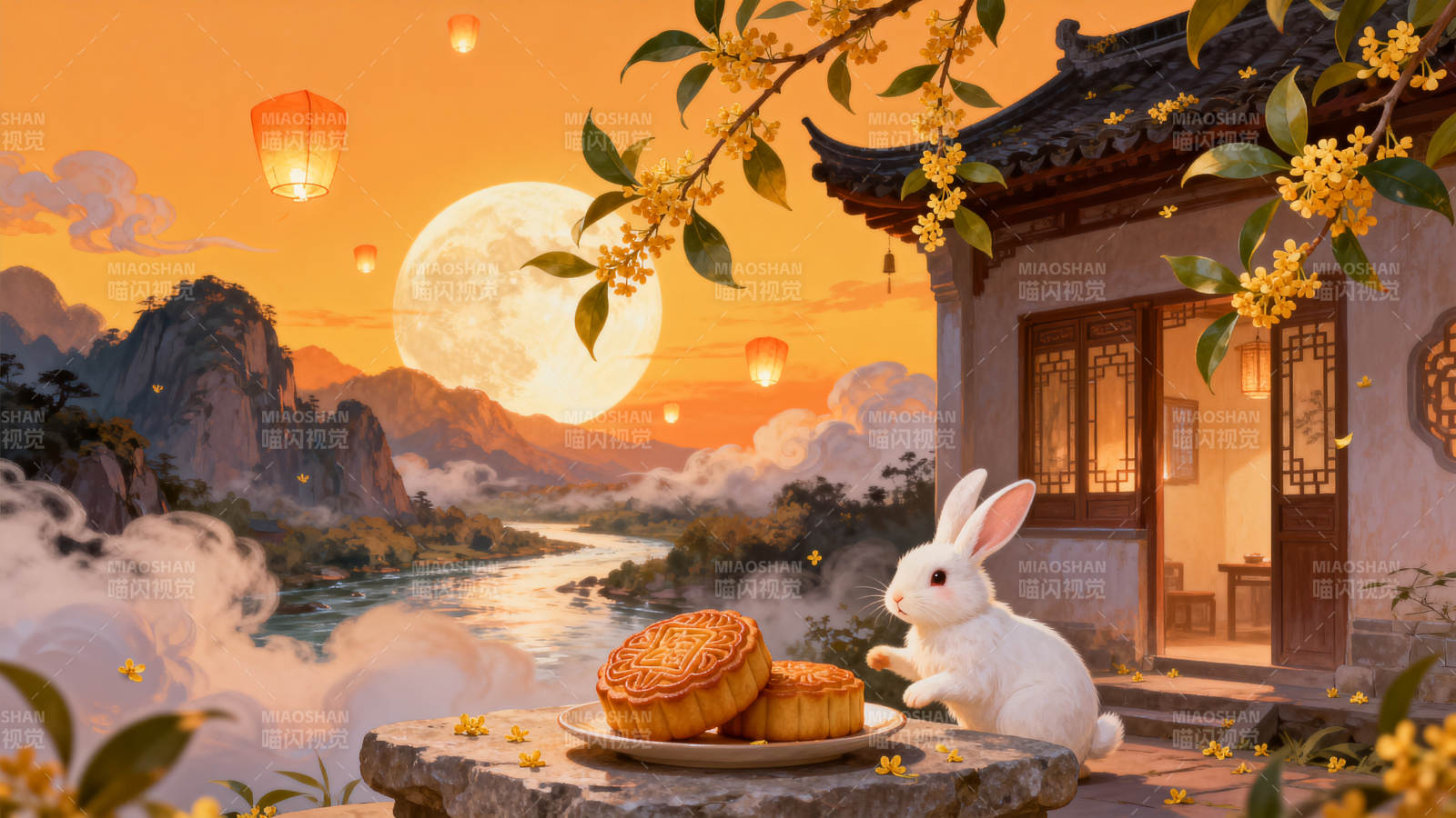 中秋月夜玉兔赏月图片