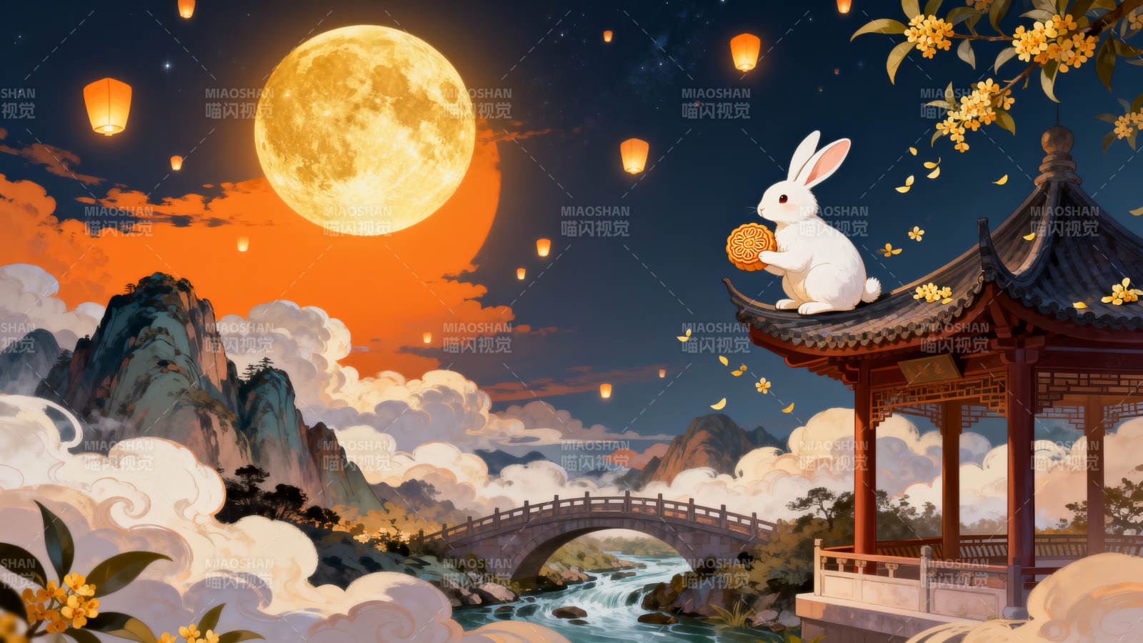 中秋月夜玉兔赏月图片