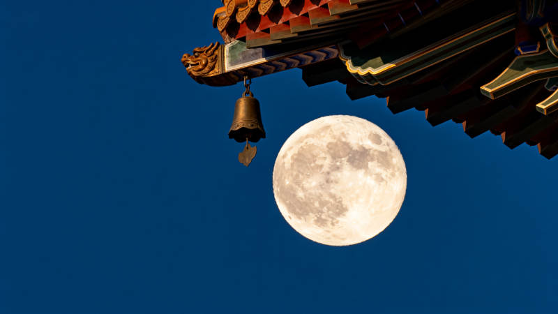 古建筑屋檐与满月图片