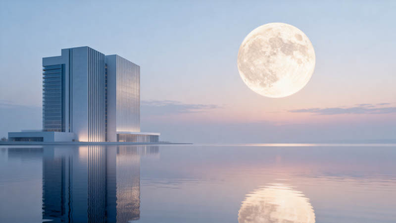 现代建筑与圆月倒影图片