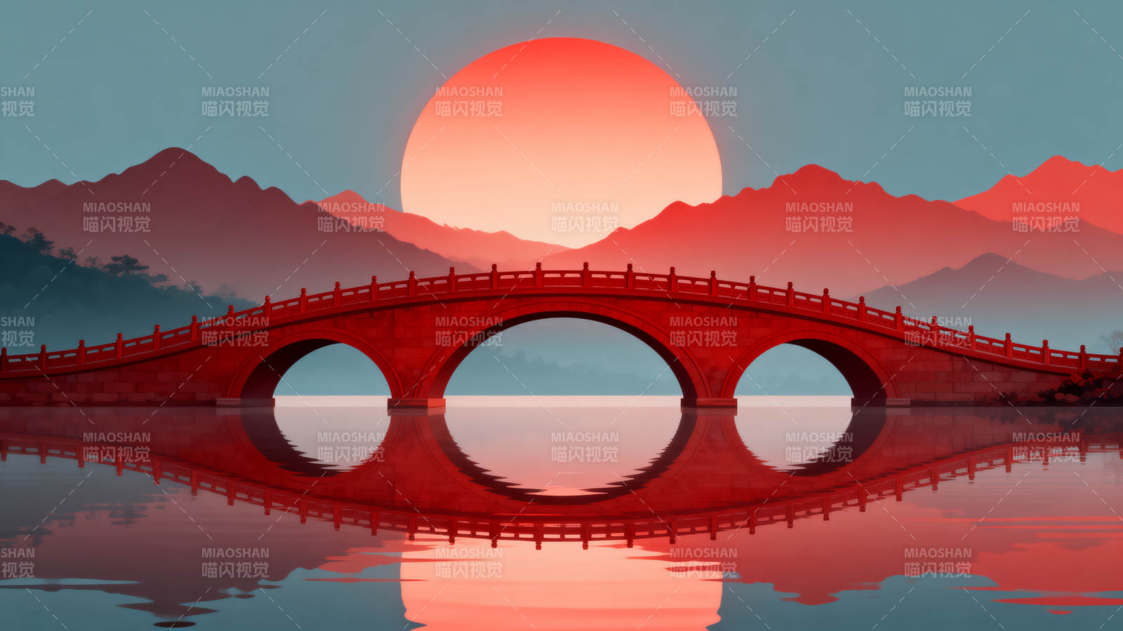 红桥夕阳山水倒影图片