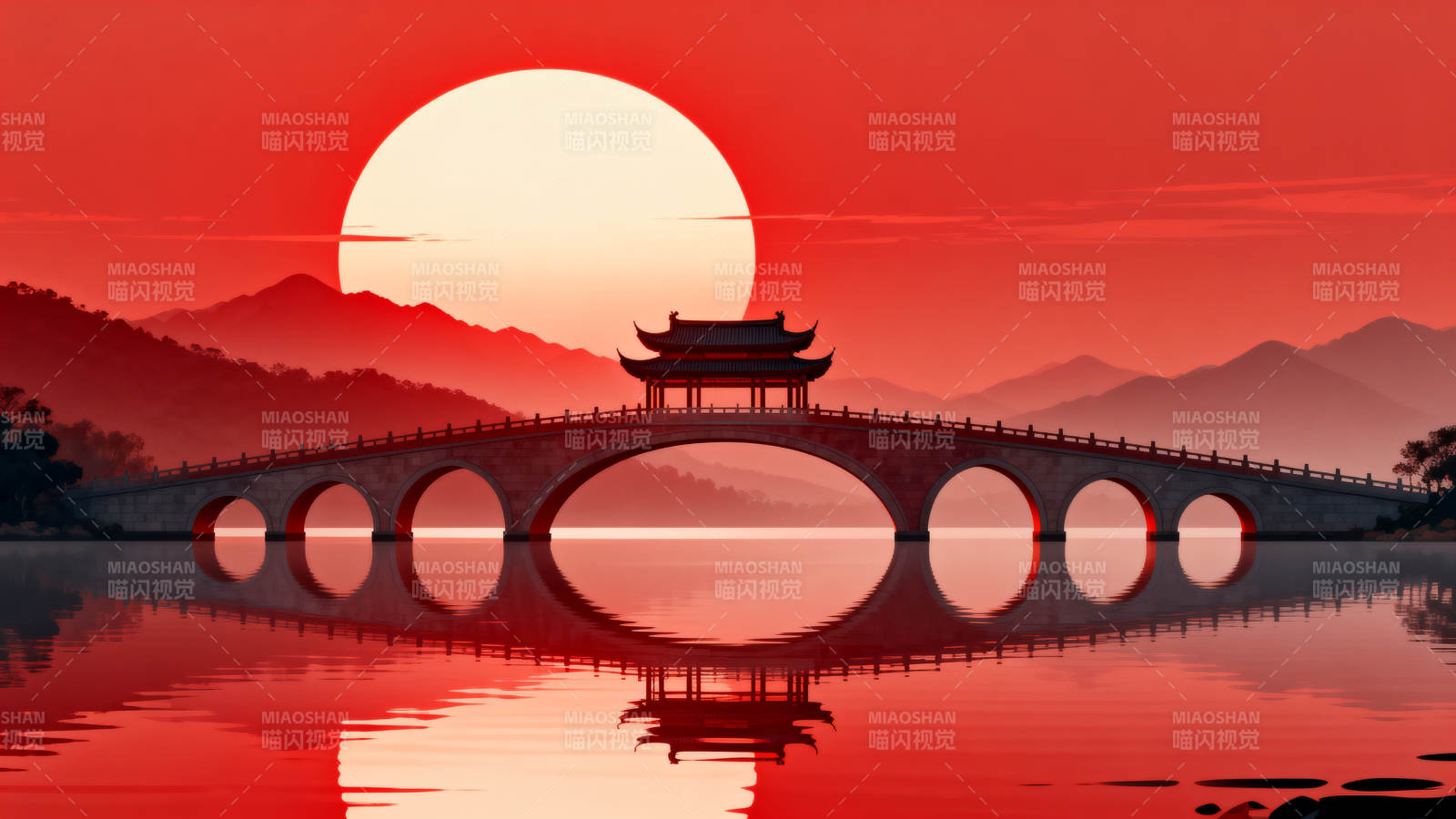 红日下的中式拱桥图片