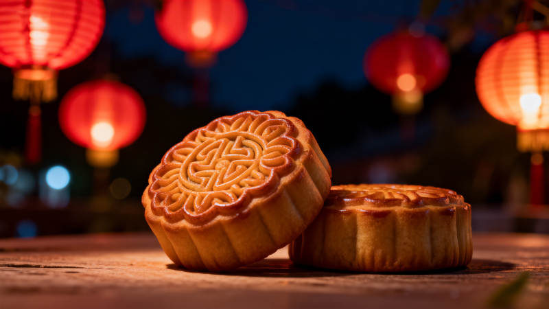 中秋月饼与红灯笼图片