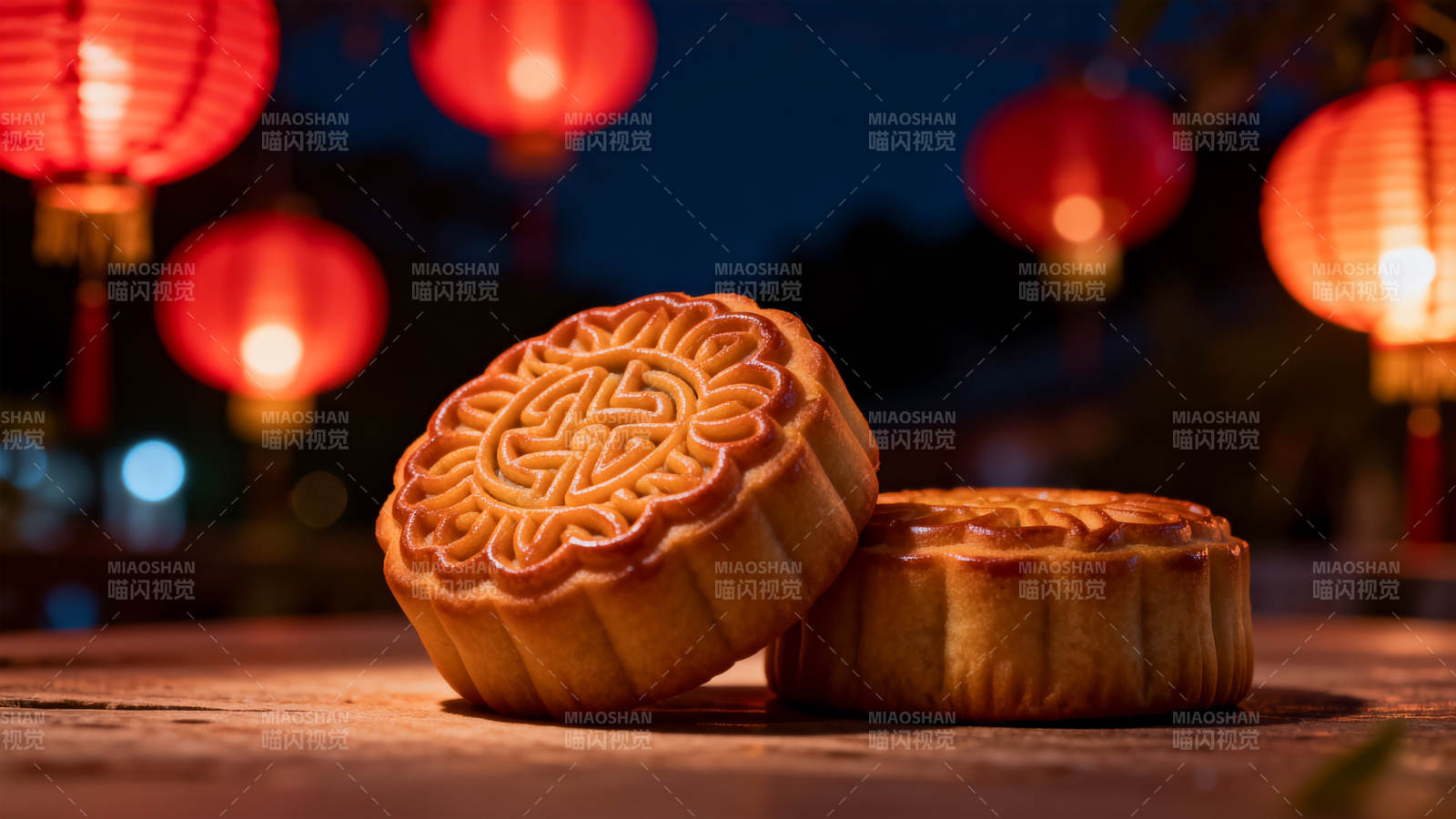 中秋月饼与红灯笼图片