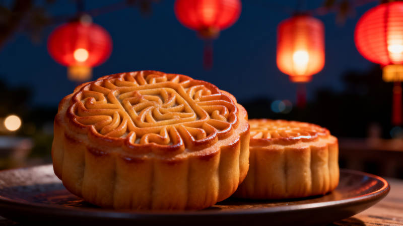 中秋月饼与红灯笼图片