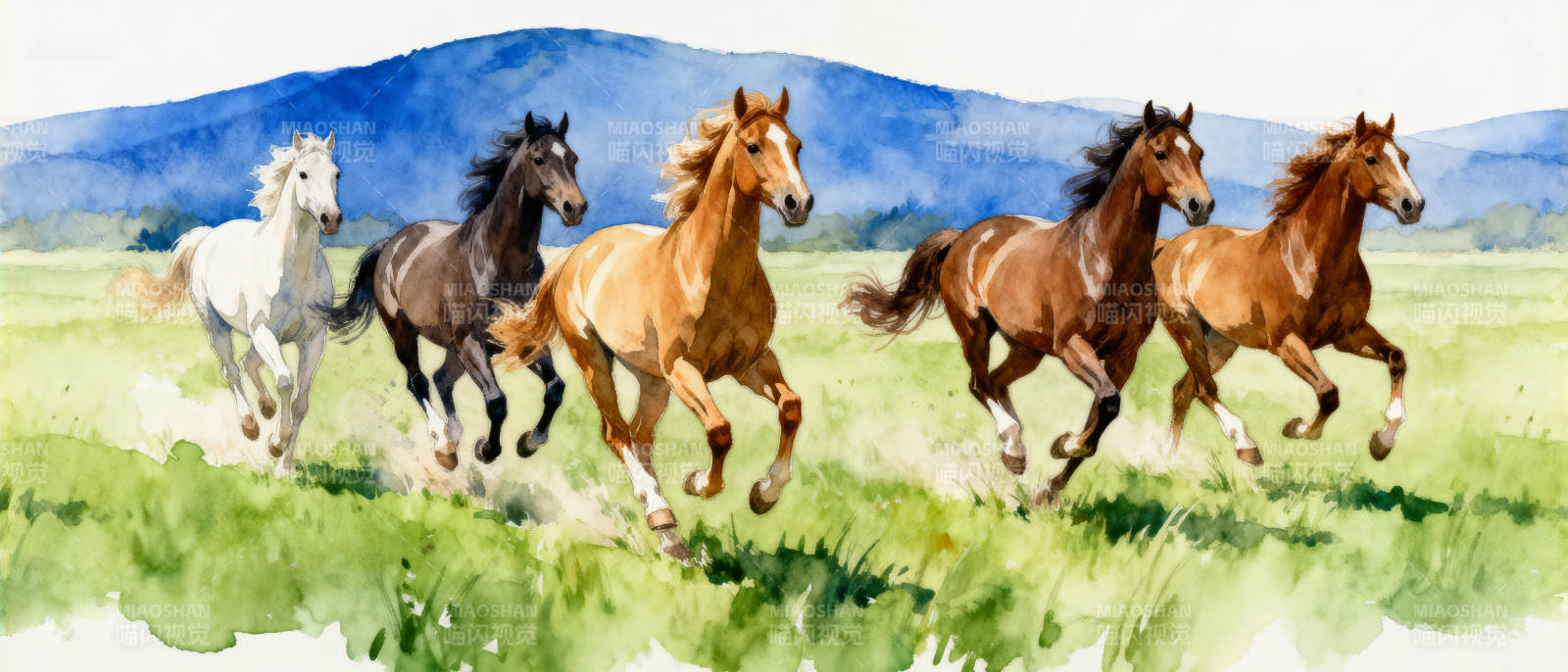 五马奔腾水彩画图片